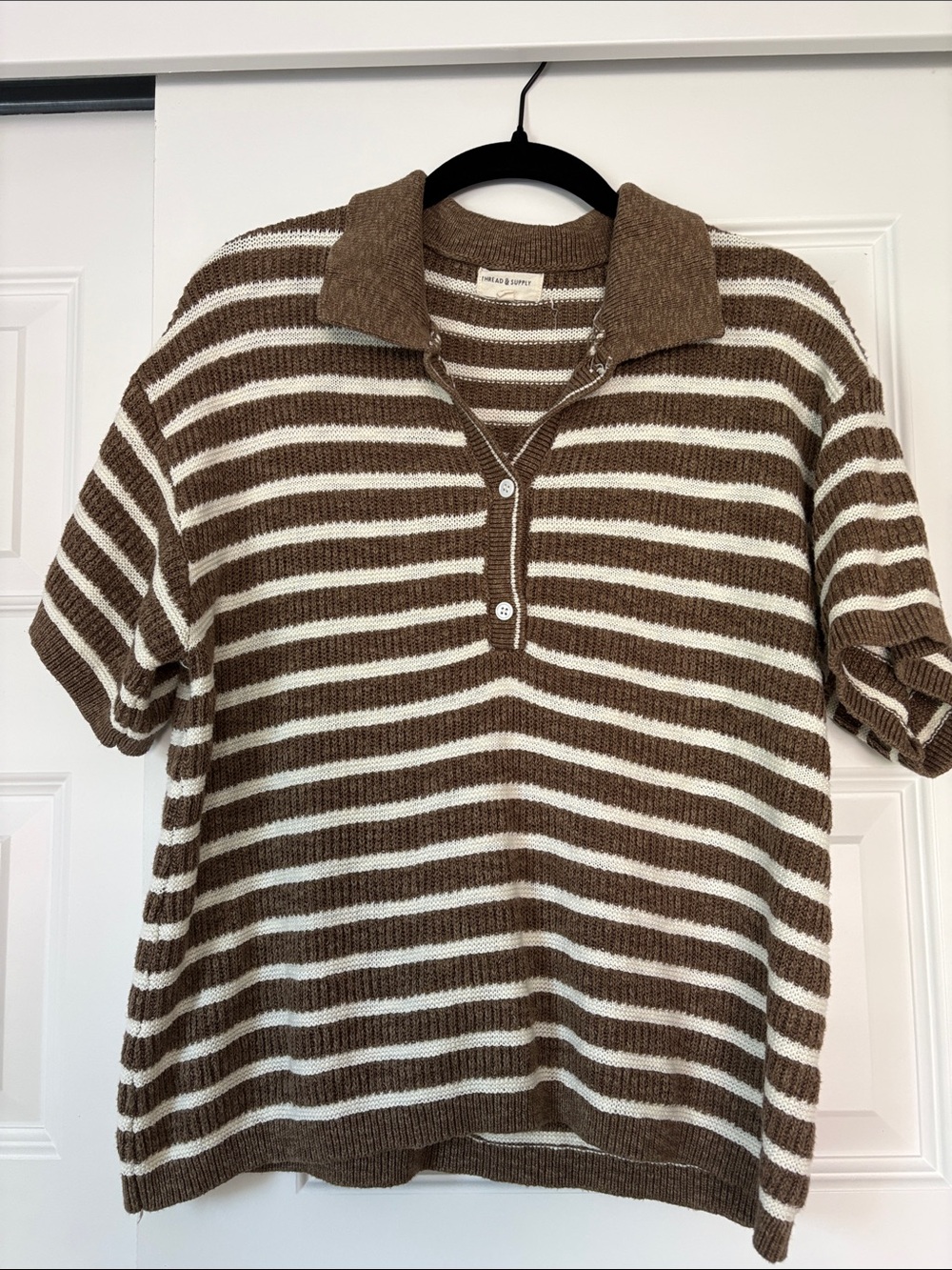 Thread & Supply Brown and White Striped Knit Polo